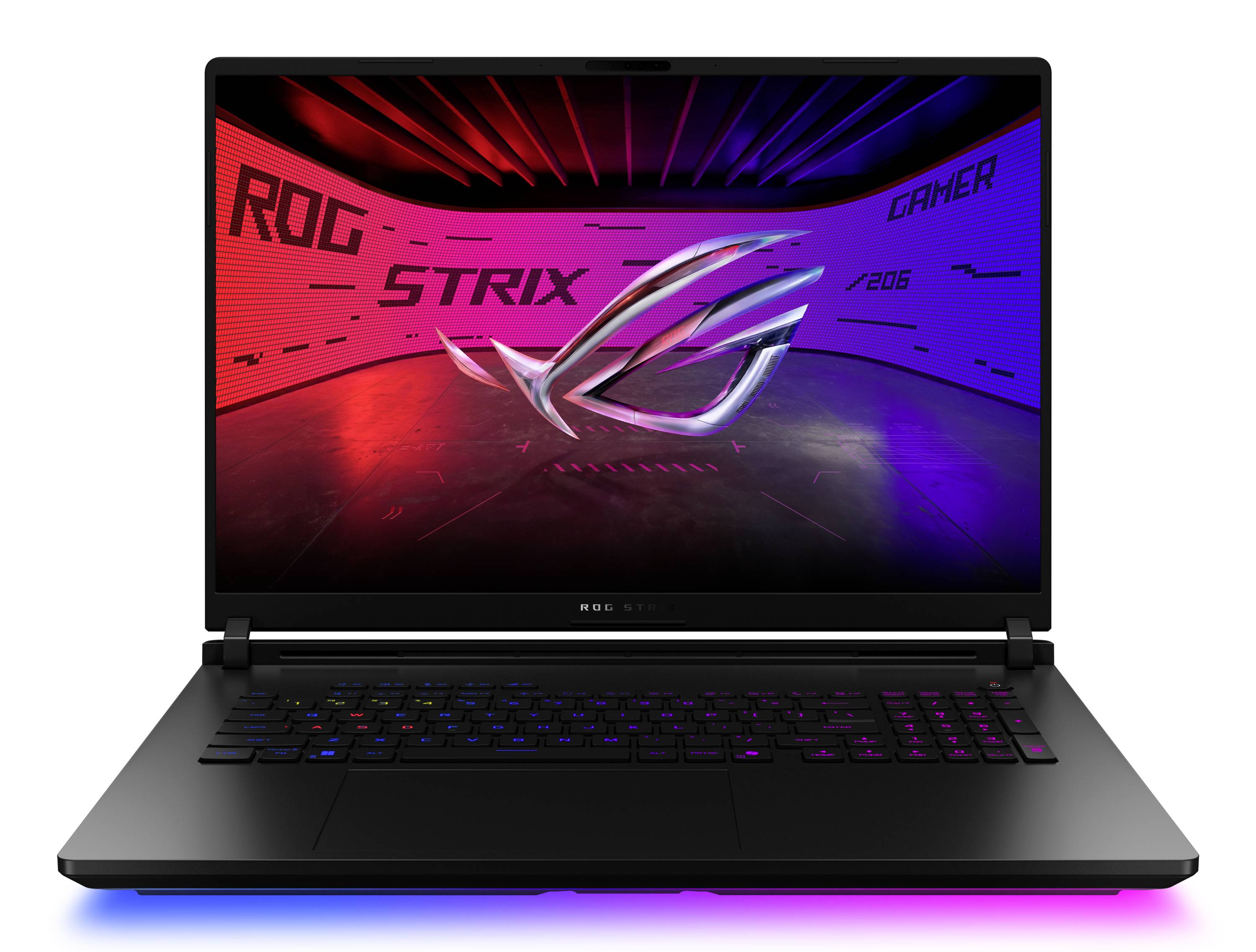 Schwarzer ASUS ROG Strix Gaming-Laptop, der auf weißem Hintergrund aufgeklappt ist und ein rot-blaues ROG Strix-Wallpaper sowie eine RGB-beleuchtete Tastatur zeigt.