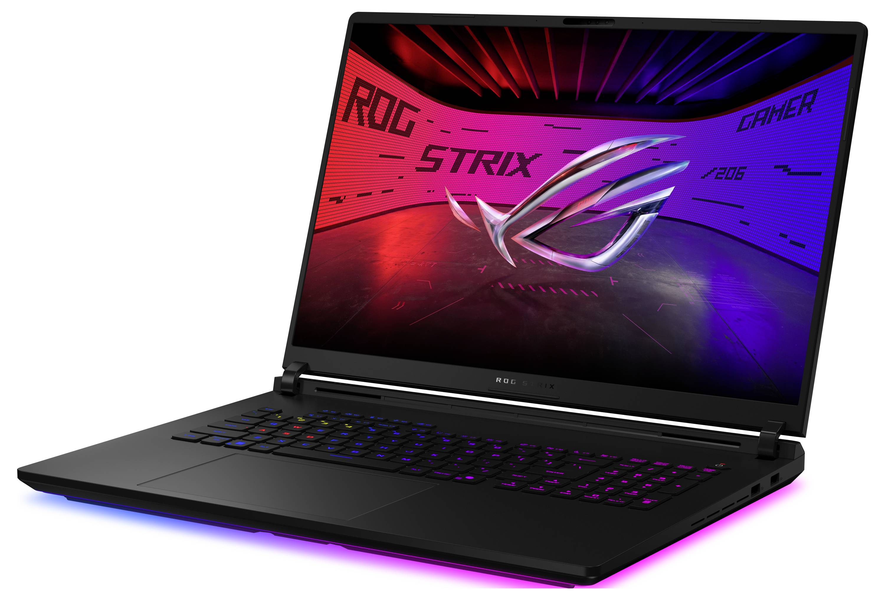 Schwarzer ASUS ROG Strix Gaming-Laptop auf weißem Hintergrund aufgeklappt, zeigt einen rot-blauen „ROG STRIX"-Bildschirm und eine RGB-beleuchtete Tastatur.