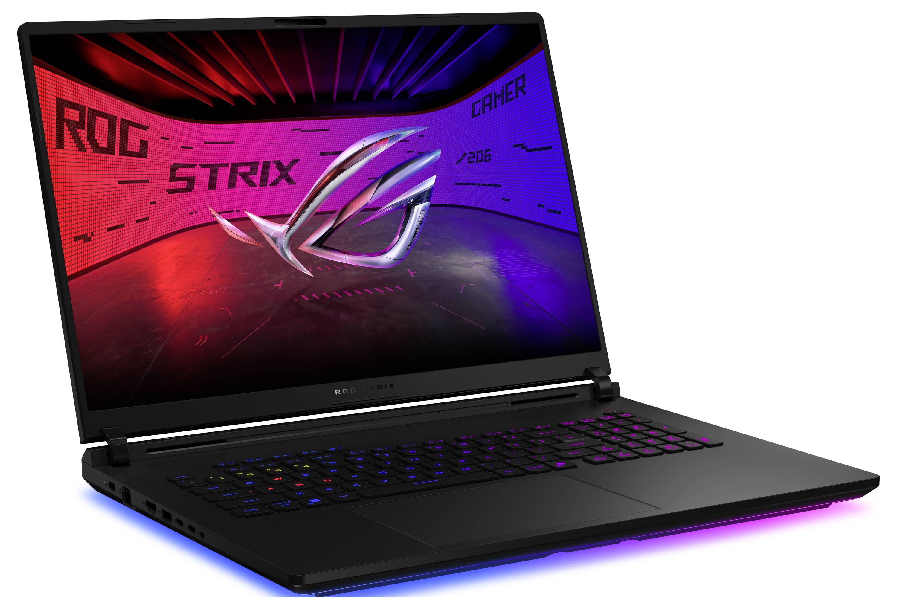 ASUS ROG Strix Gaming-Laptop geöffnet, mit bunter RGB-Tastatur und ROG-Logo auf dem Display, auf weißem Hintergrund.
