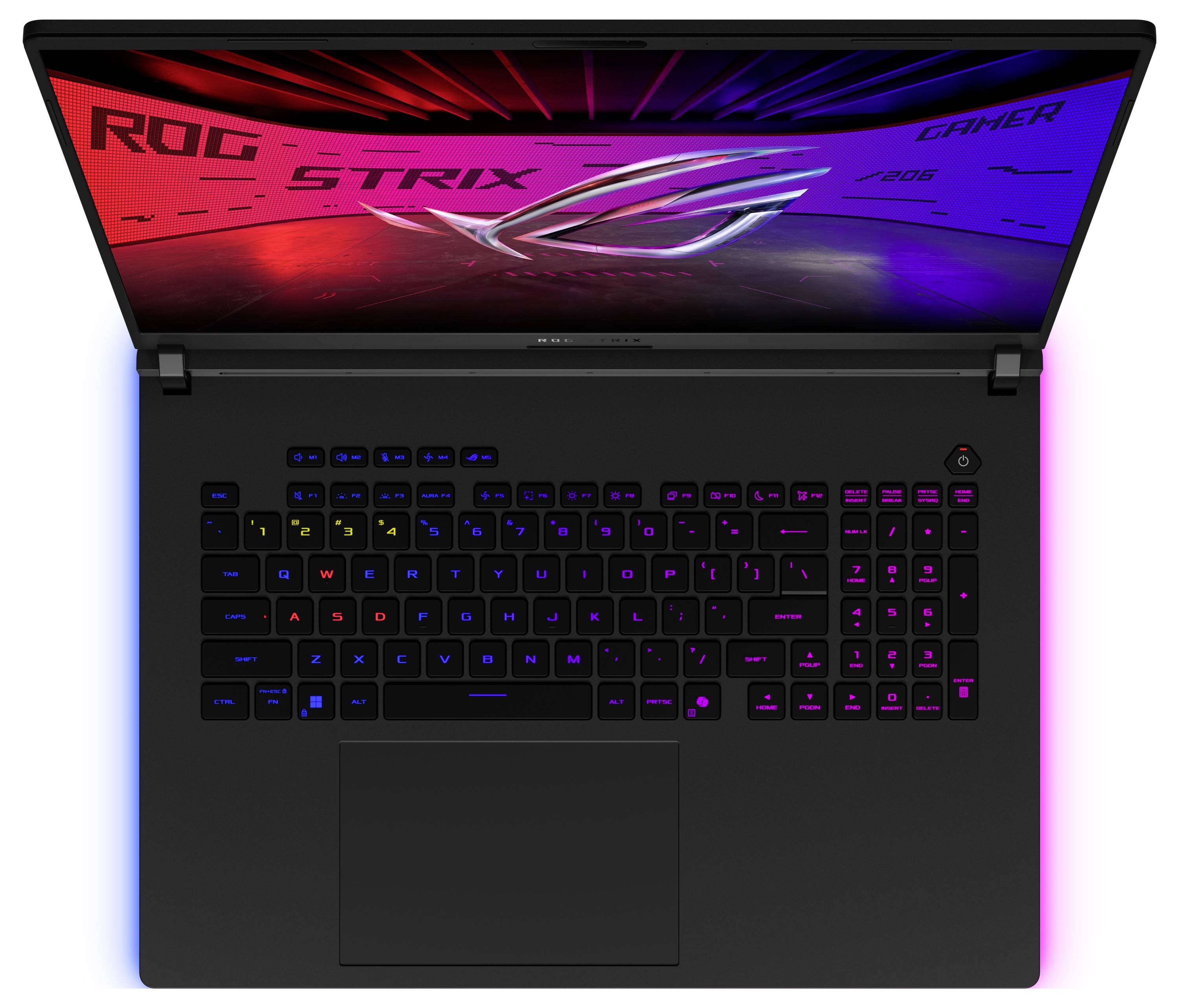Offener Gaming-Laptop mit RGB-Hintergrundbeleuchtung und Bildschirm mit „ROG STRIX"-Branding und Republic of Gamers-Logo.