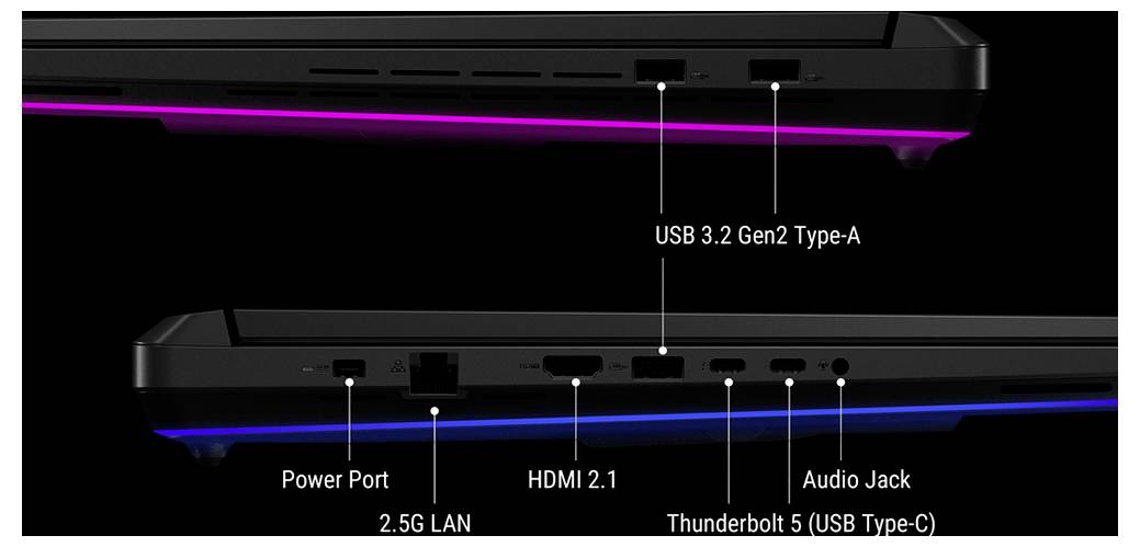 Seitenansicht eines Laptops mit Anschlüssen: Stromversorgungsanschluss, 2,5G LAN, HDMI 2.1, Thunderbolt 5 (USB Typ-C), Audiobuchse und USB 3.2 Gen2 Typ-A.