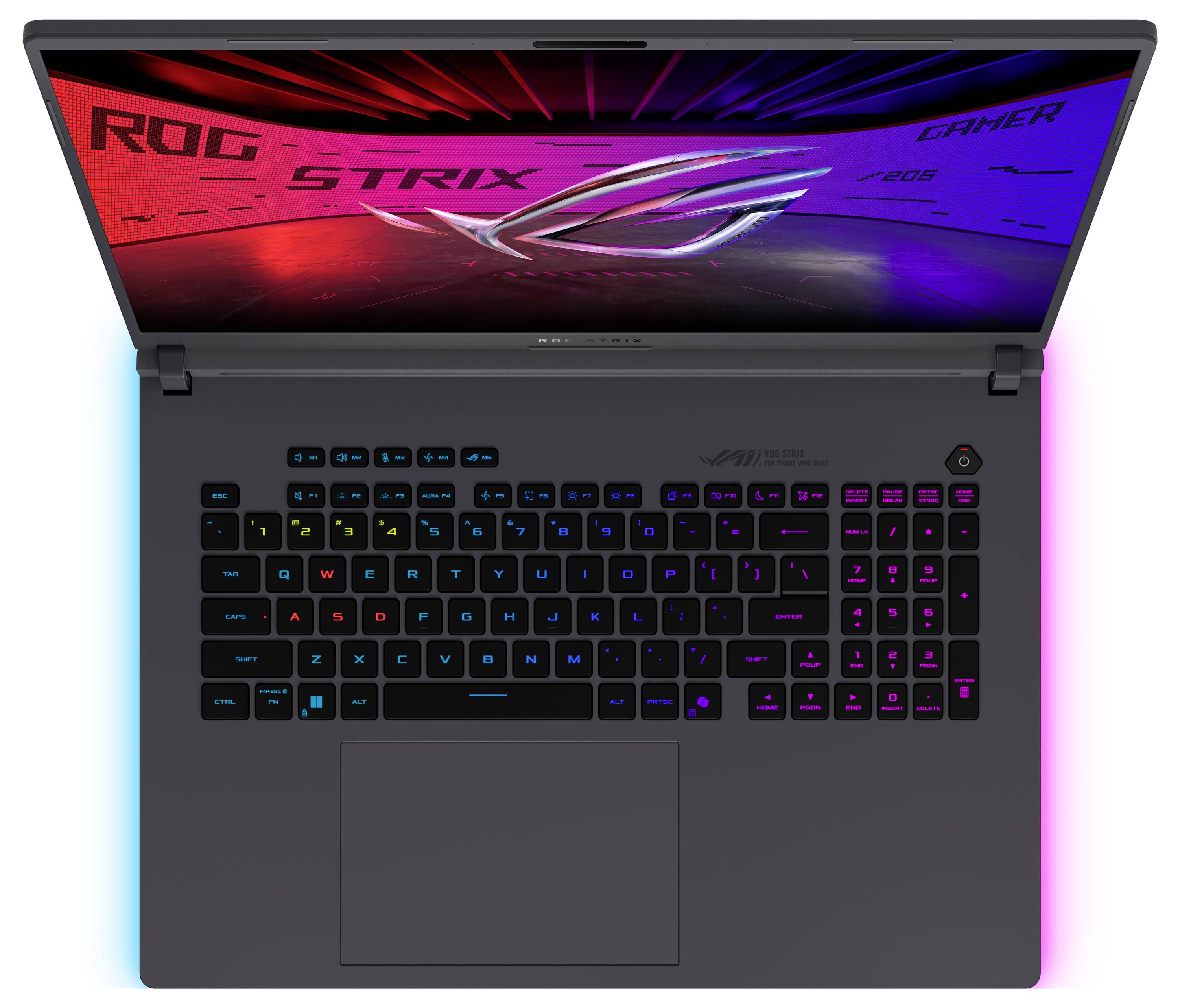 Offener Gaming-Laptop mit RGB-Hintergrundbeleuchtung der Tastatur und „ROG STRIX"-Hintergrundbild auf dem Bildschirm.