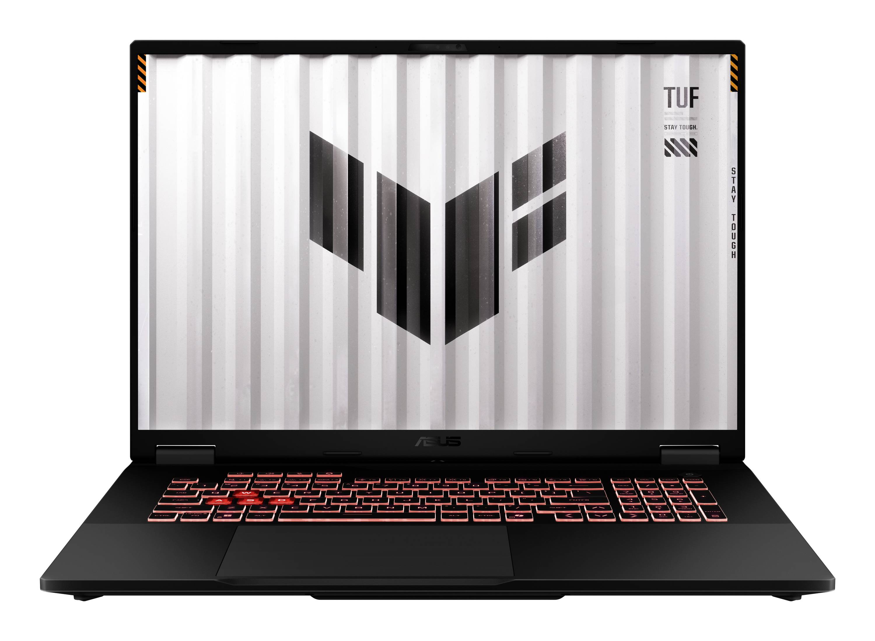 Schwarzer ASUS TUF Gaming-Laptop mit rot beleuchteter Tastatur, aufgeklappt vor weißem Hintergrund dargestellt.