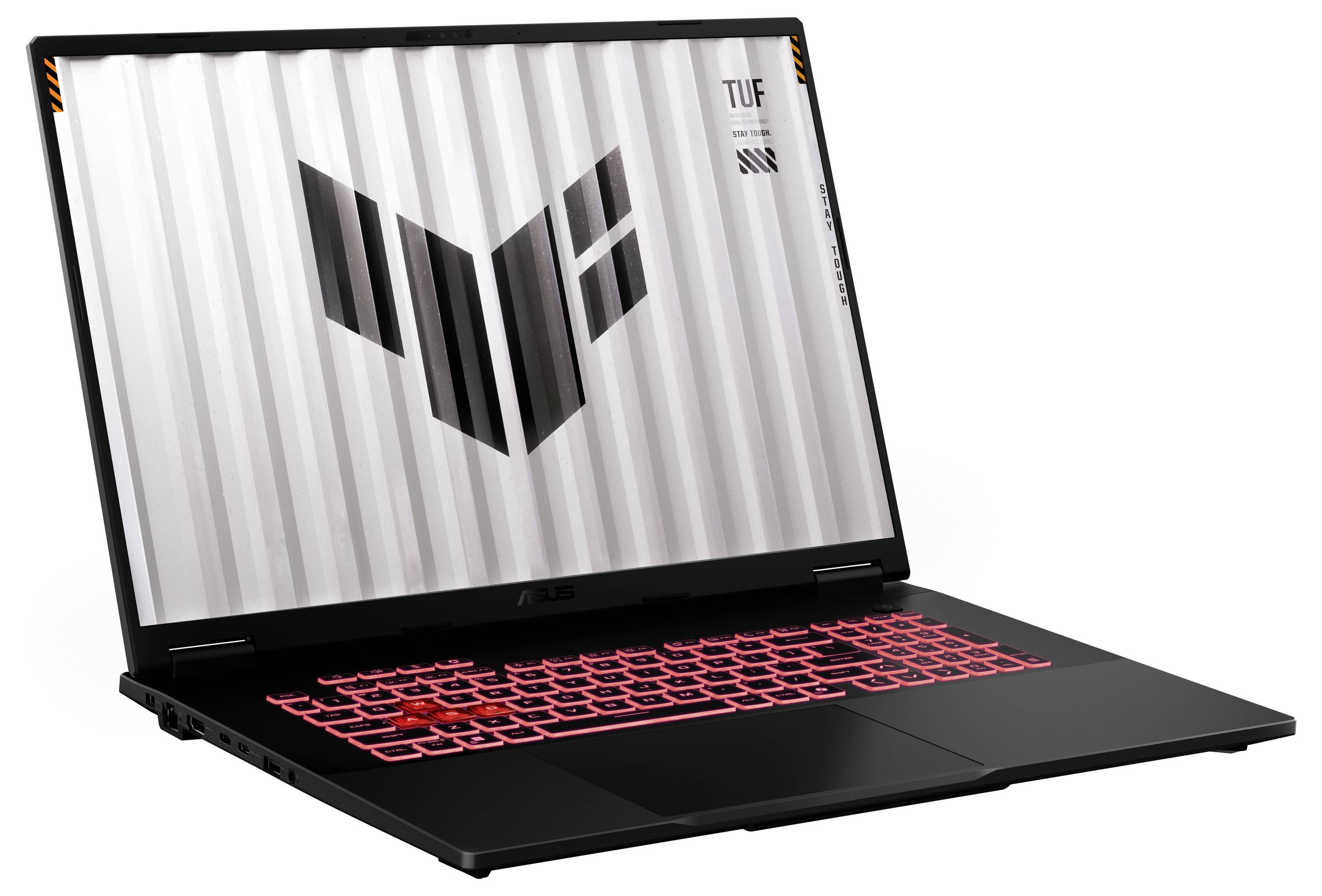 Ein schwarzes ASUS TUF Gaming-Laptop mit rot beleuchteter Tastatur, schräg geöffnet vor weißem Hintergrund dargestellt.