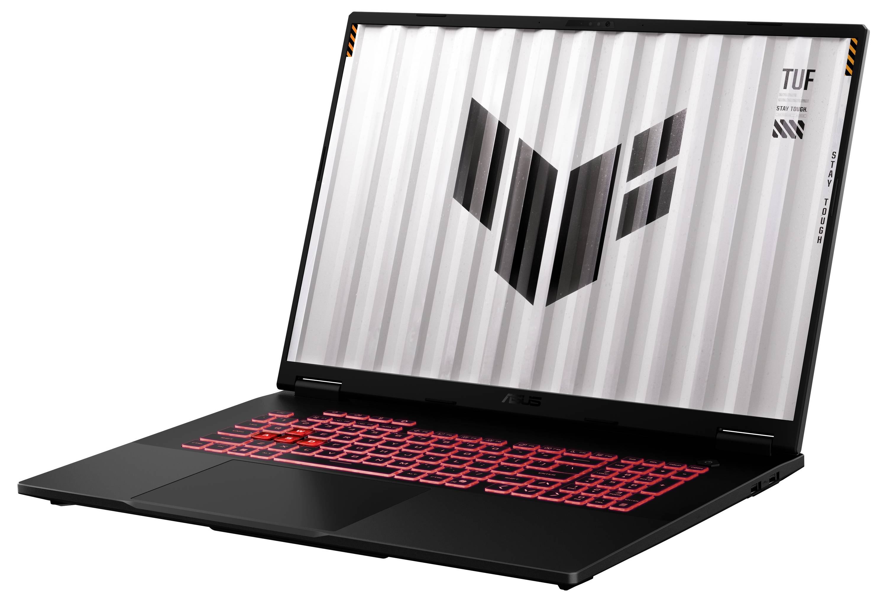 Schwarzer ASUS TUF Gaming-Laptop im Winkel geöffnet, mit rot hinterleuchtet Tastatur und großem TUF-Logo auf dem Bildschirm.