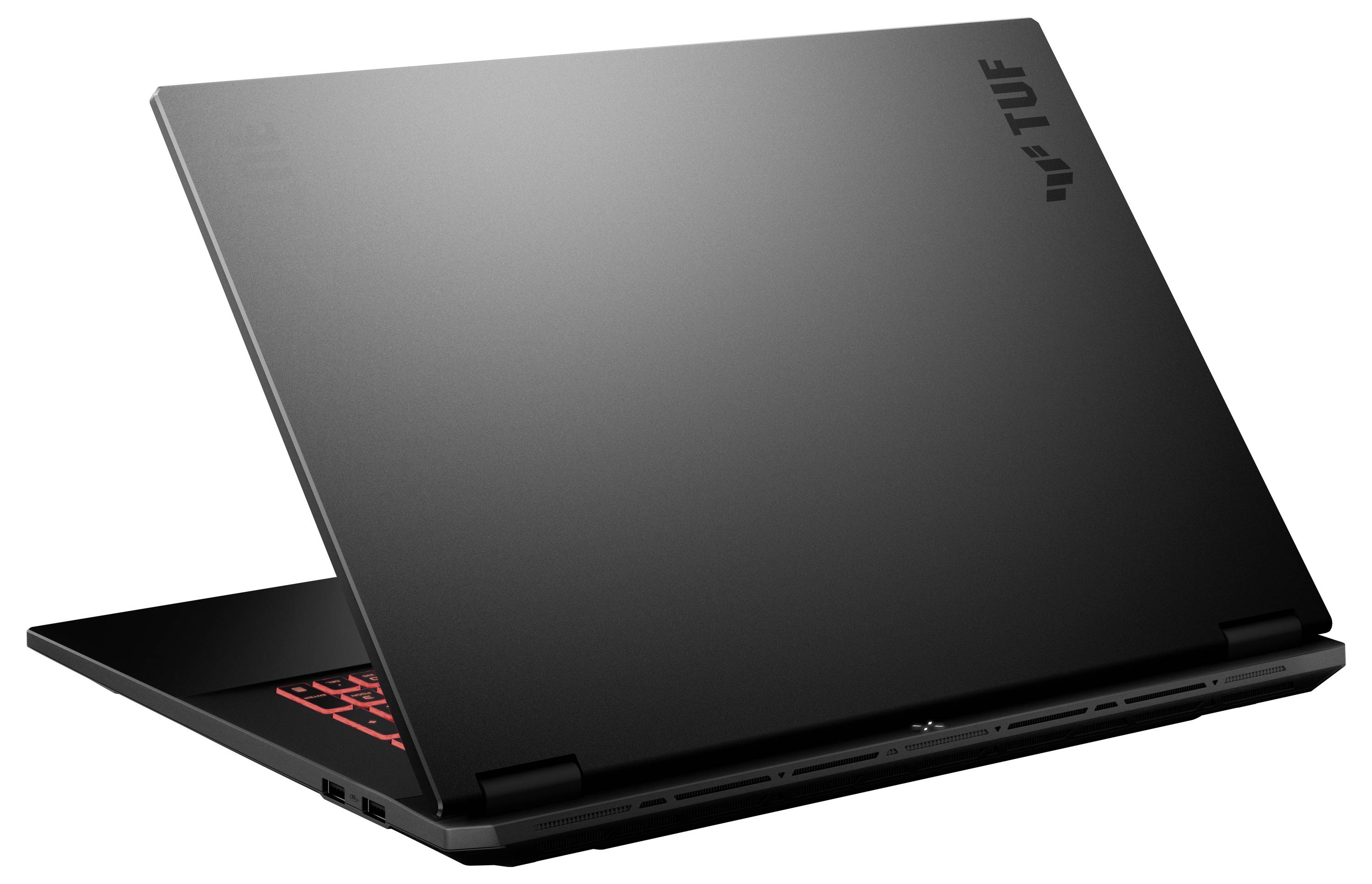 Schwarzer WTUF-Laptop, teilweise geöffnet auf weißem Hintergrund, mit sichtbarer rot beleuchteter Tastatur.