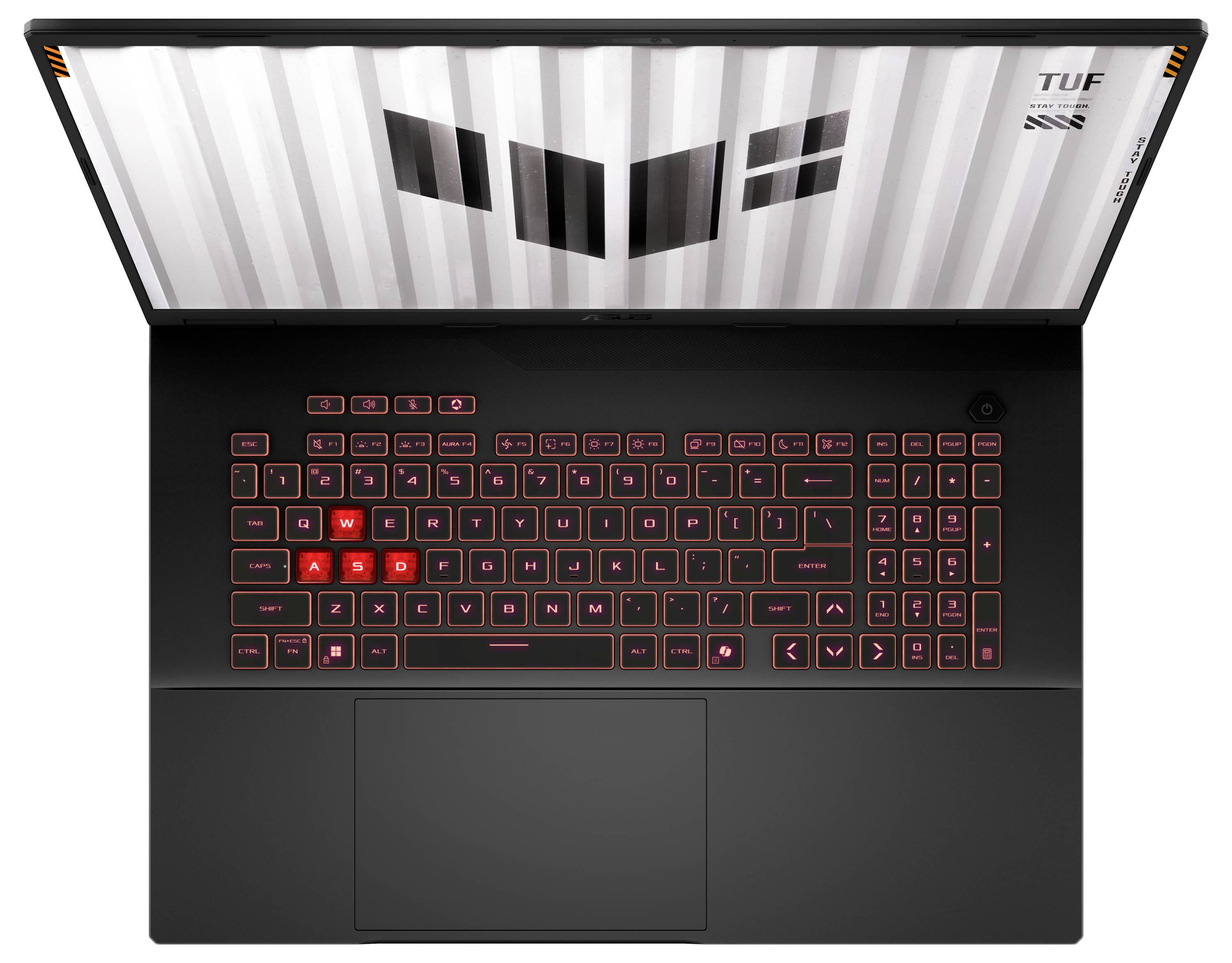 Ansicht von oben auf einen schwarzen ASUS TUF-Laptop mit geöffnetem Deckel, rot beleuchteter Tastatur, großem Touchpad und TUF-Branding auf der Displayeinfassung.