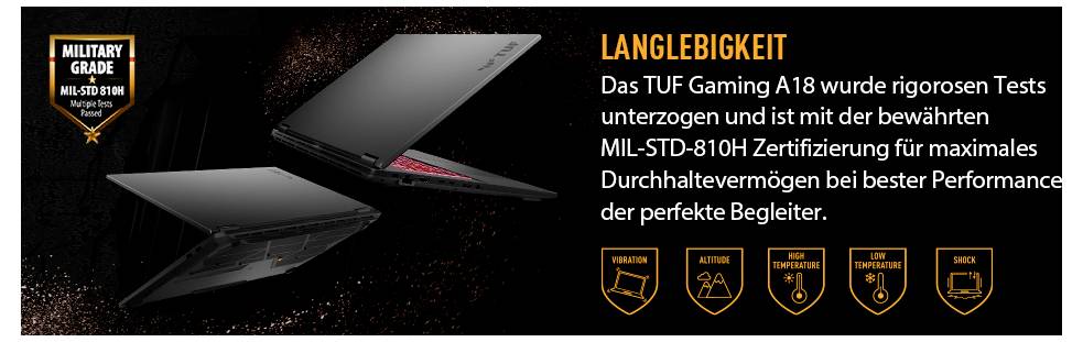 Werbe-Grafik für das TUF Gaming A18, die die MIL-STD-810H-Zertifizierung für Haltbarkeit zeigt, mit Symbolen für Vibrations-, Sturz-, Temperatur-, Feuchte- und Stoßtests.