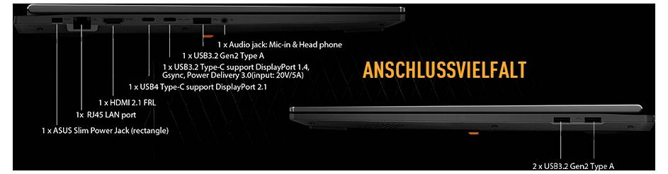 Laptop-Seitenansicht-Diagramm mit verschiedenen Anschlüssen: Audiobuchse, USB-C, DisplayPort, HDMI, RJ45-Netzwerkbuchse, ASUS-Stromanschluss, USB 3.2 Gen 2 Typ-A und Typ-C.