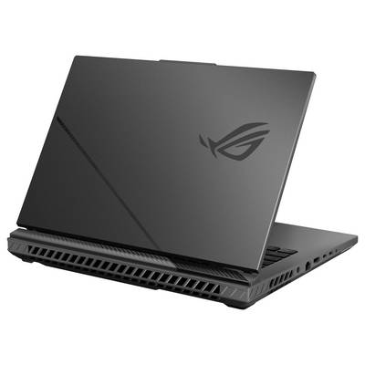 Schwarzer ASUS ROG Gaming-Laptop, teilweise geöffnet dargestellt, mit beleuchtetem Hinterlüftungsdesign und Republic of Gamers Logo auf dem Deckel.