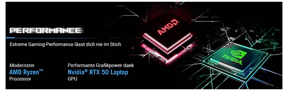 Werbegrafik zum Vergleich der Laptop-Leistung: AMD Ryzen Prozessor und Nvidia RTX 50 Laptop GPU, mit „Extreme Gaming-Performance lässt dich nie im Stich" und leuchtenden AMD- und NVIDIA-Chip-Visuals.