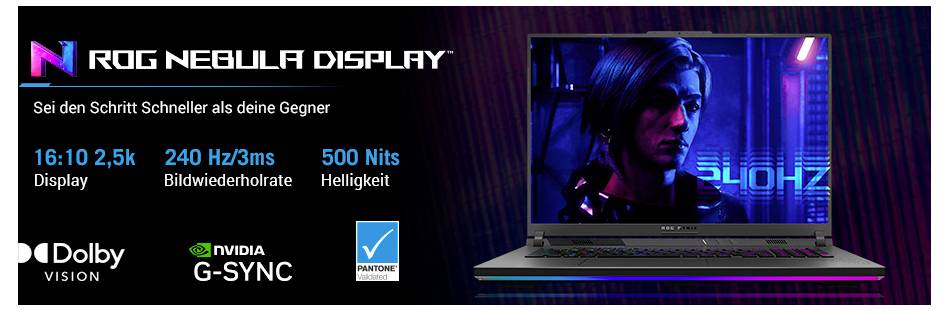 Werbebannetr für die ROG Nebula Display, das einen Laptop mit einer lebendigen blauen Gaming-Szene zeigt und Text, der ein 16:10 2,5K-Display, 240 Hz/3 ms Reaktionszeit, 500 Nits Helligkeit, Dolby Vision, NVIDIA G-SYNC und Pantone-Validierung hervorhebt.