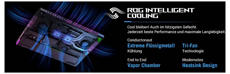 ROG Intelligente Kühlung Grafik zeigt ein Laptop-Kühlsystem mit Funktionen: Conductonaut extreme Flüssigmetall, Tri-Fan-Technologie, Vapor Chamber und Kühlkörper-Design.