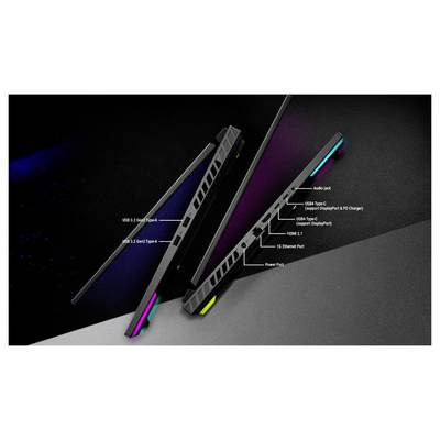 Diagramm eines schlanken Gaming-Geräts mit Anschlussanordnung, einschließlich Audiobuchse, USB Type-C/USB4, DisplayPort, HDMI 2.1, 1Gb-Ethernet und Stromversorgungsanschluss.