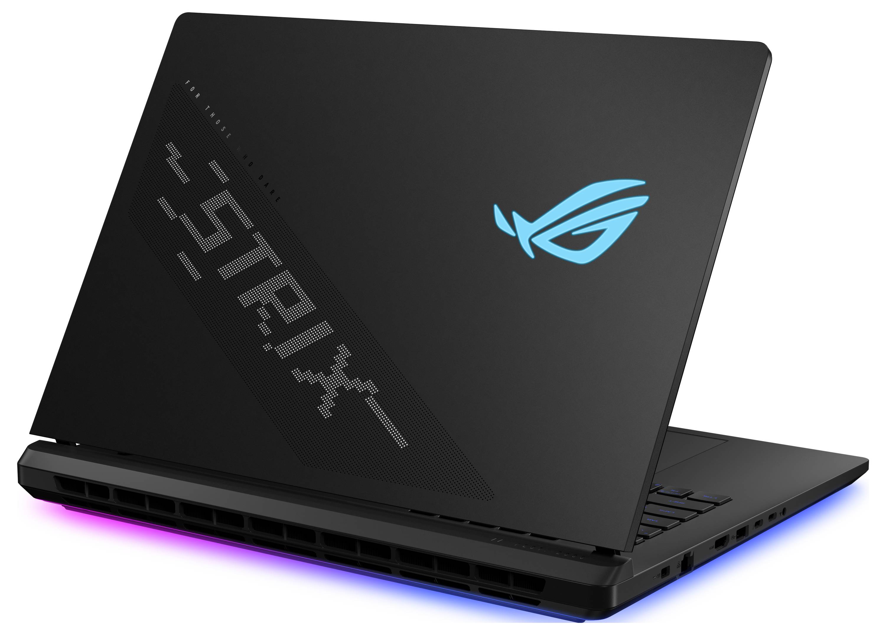 Schwarzer ASUS ROG Gaming-Laptop, geöffnet, mit leuchtendem blauem ROG-Logo und magenta-blauem LED-Lichtstreifen entlang der vorderen Kante.