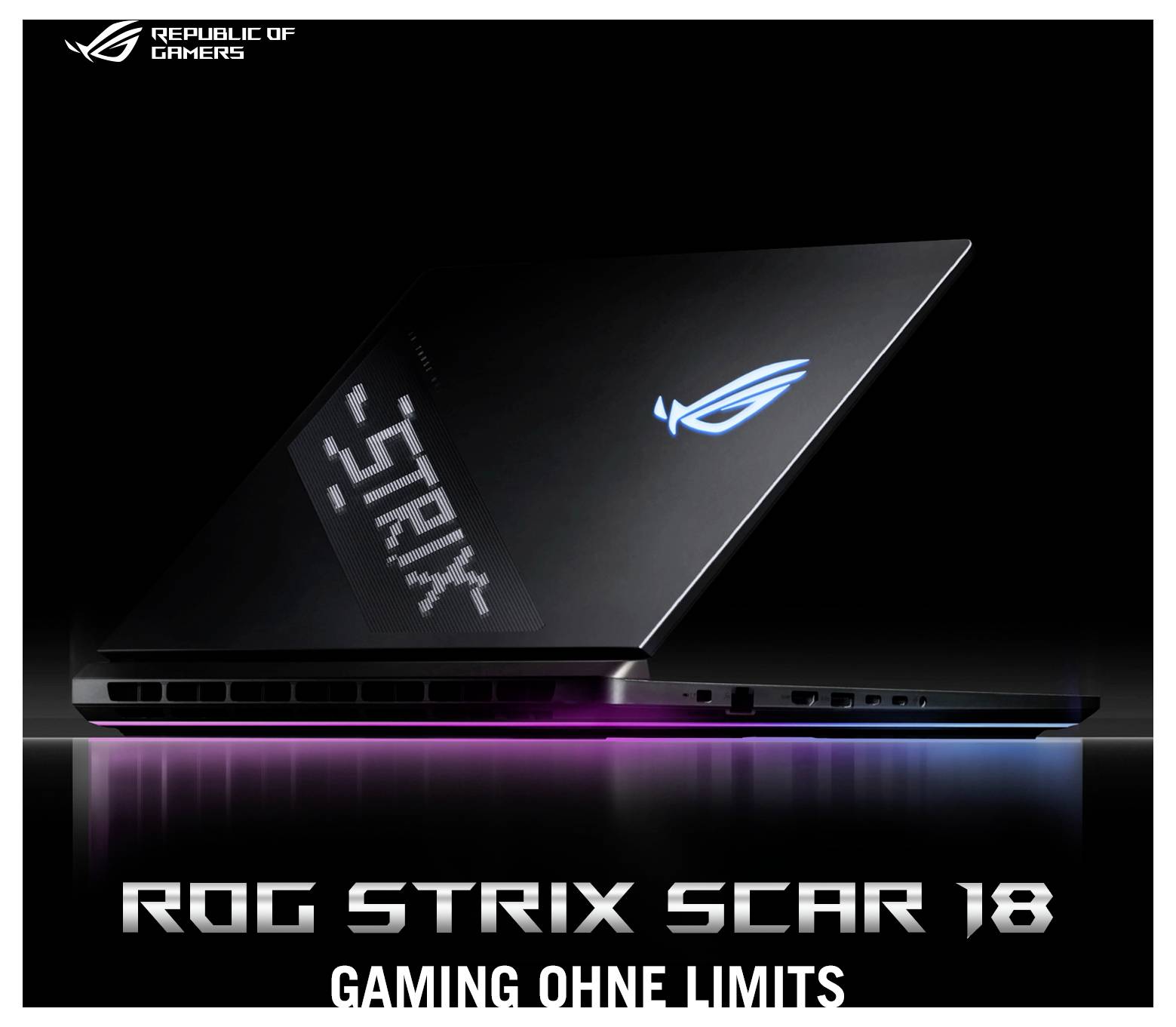 # Bewerbungsbild eines ASUS Republic of Gamers Laptops, des ROG Strix Scar 18, geöffnet auf schwarzem Hintergrund mit blauer Logo-Beleuchtung und dem Text „GAMING OHNE LIMITS".