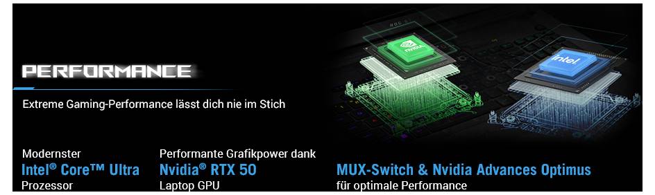 Werbespruchbanner für Gaming-Leistung mit Intel Core Ultra Prozessor, Nvidia RTX 50 Grafik und MUX-Switch mit Nvidia Advanced Optimus.
