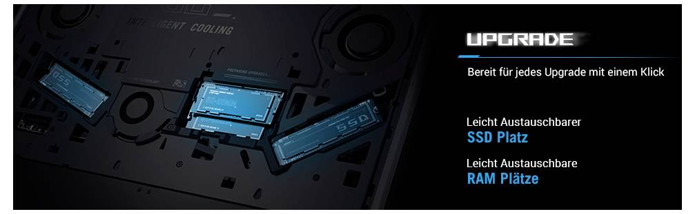 Werbegrafik mit einem Motherboard, auf dem SSD- und RAM-Steckplätze hervorgehoben sind, mit der Bezeichnung "UPGRADE" und dem Hinweis auf einfache, Ein-Klick-Upgrades sowie austauschbare SSD- und RAM-Steckplätze.