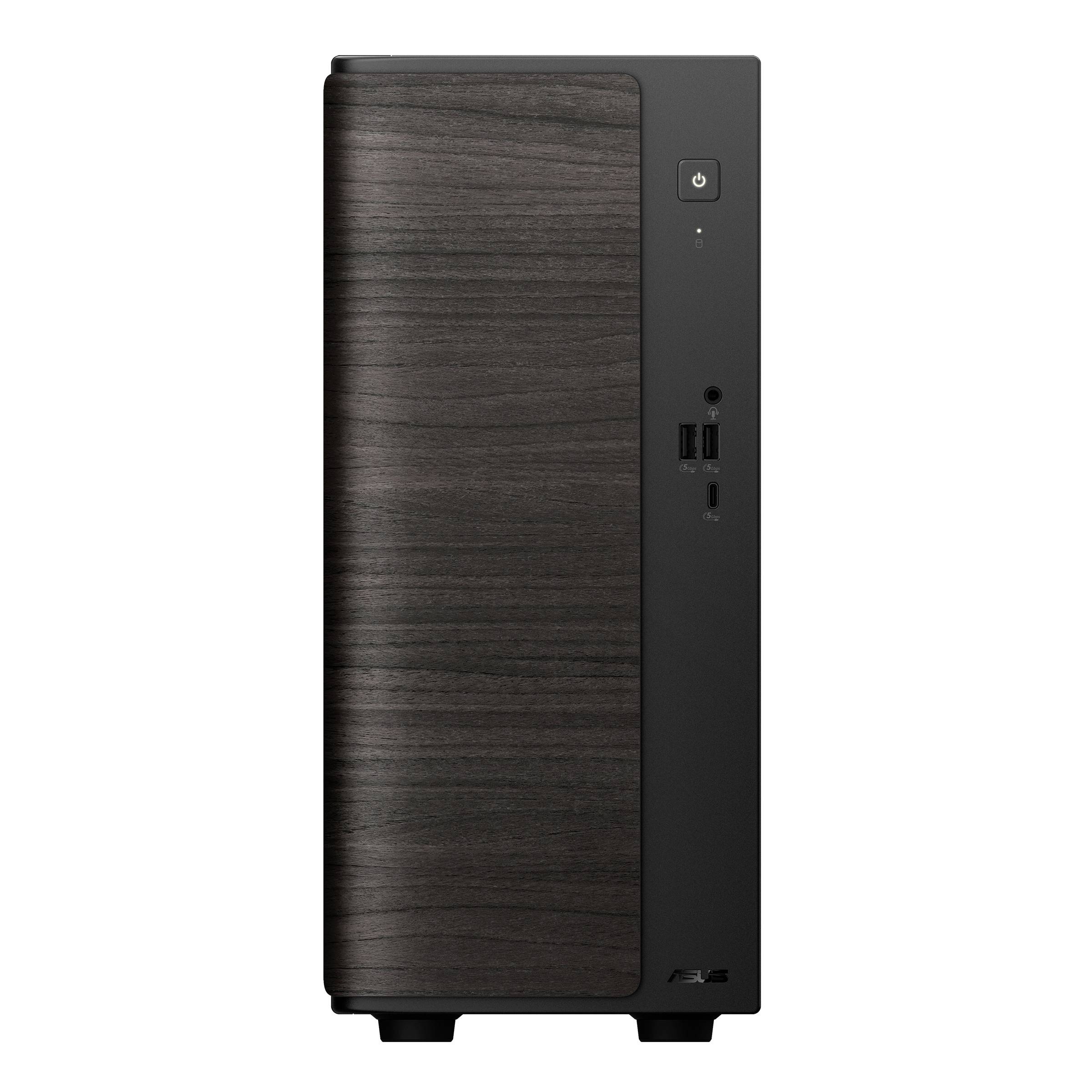Vorderansicht eines schwarzen ASUS-Gehäuses mit Holzmaserung-Frontplatte, Stromschalter, USB-Anschlüssen und Kopfhörerbuchse.