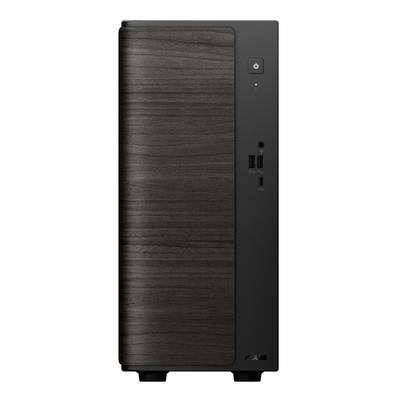 Vorderansicht eines schwarzen ASUS-Gehäuses mit Holzmaserung-Frontplatte, Stromschalter, USB-Anschlüssen und Kopfhörerbuchse.