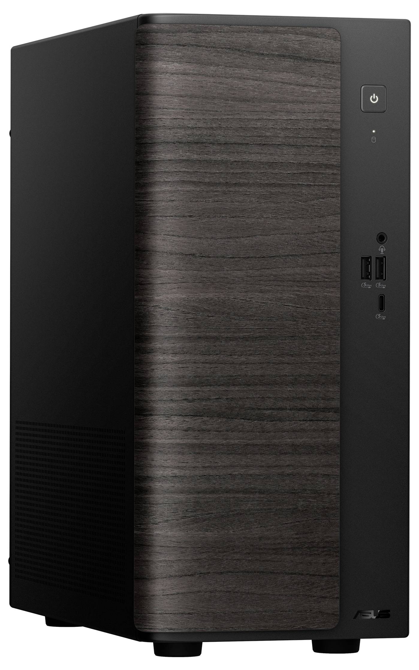 Vorderansicht eines schwarzen Desktop-PC-Turms mit Holzmaserung-Frontplatte, Stromknopf und USB- und Audioanschlüssen auf der rechten Seite.