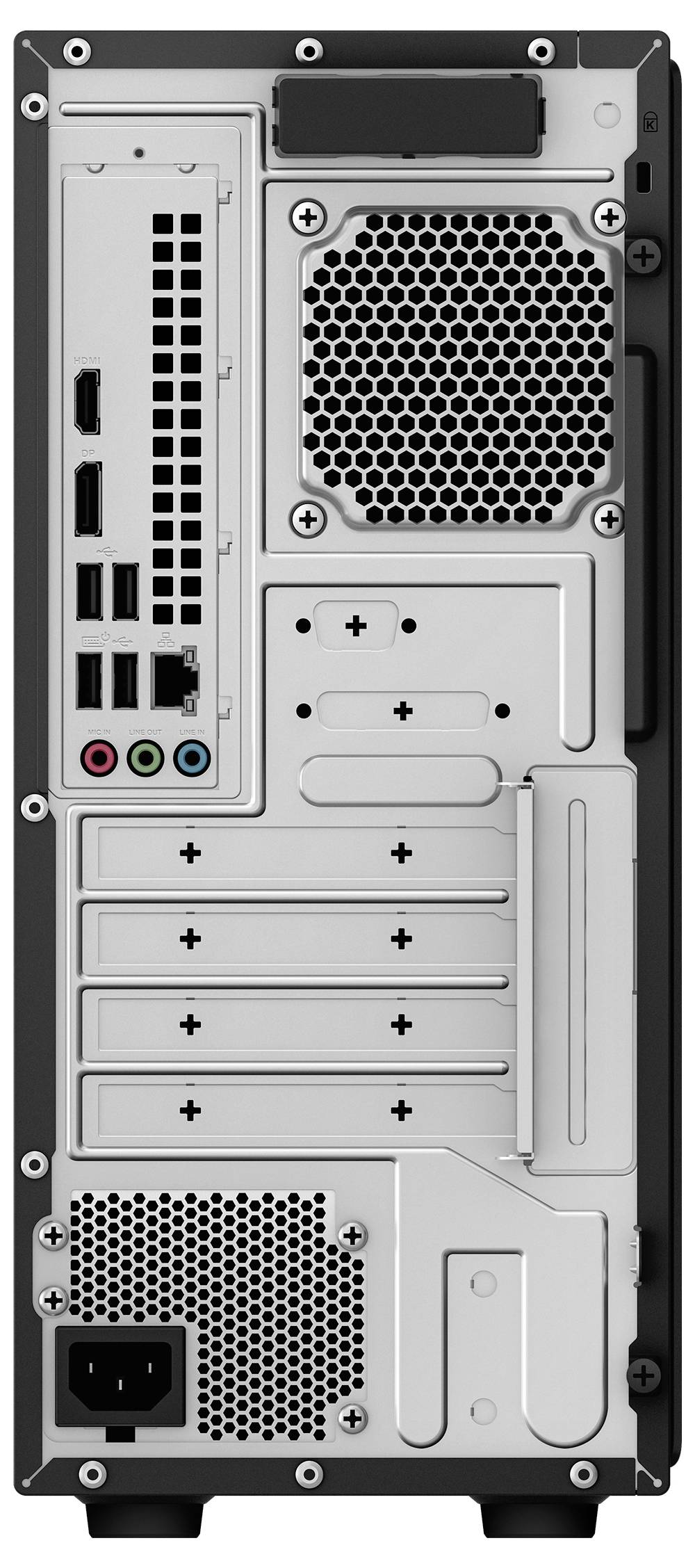 Rückansicht eines Desktop-Computer-Gehäuses mit Rückblende mit Lüftungsgittern, Erweiterungssteckplätzen, Stromeingang und mehreren Ein-/Ausgabeanschlüssen.