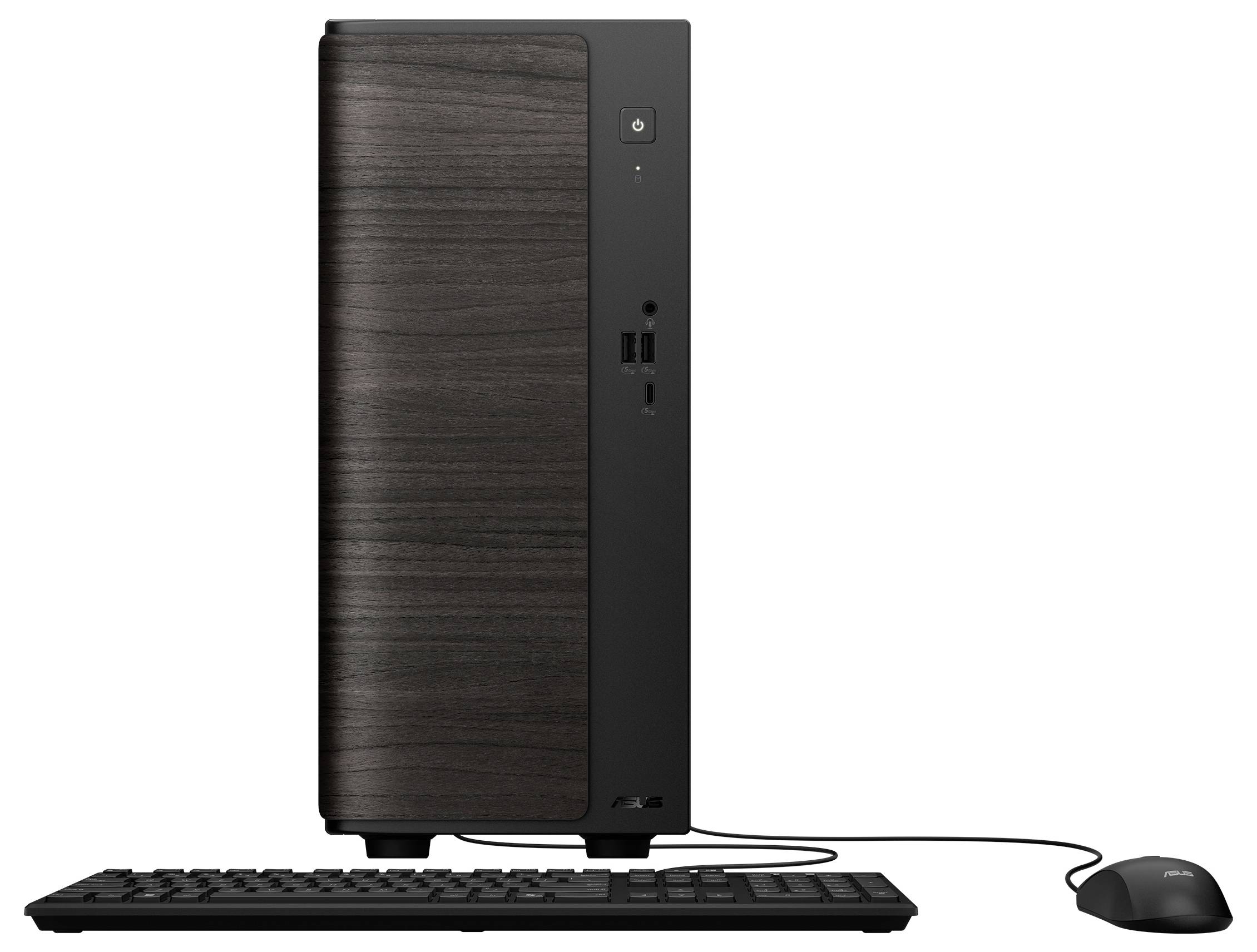 Desktopcomputer-Turm mit Tastatur und kabelgebundener Maus auf weißem Hintergrund.