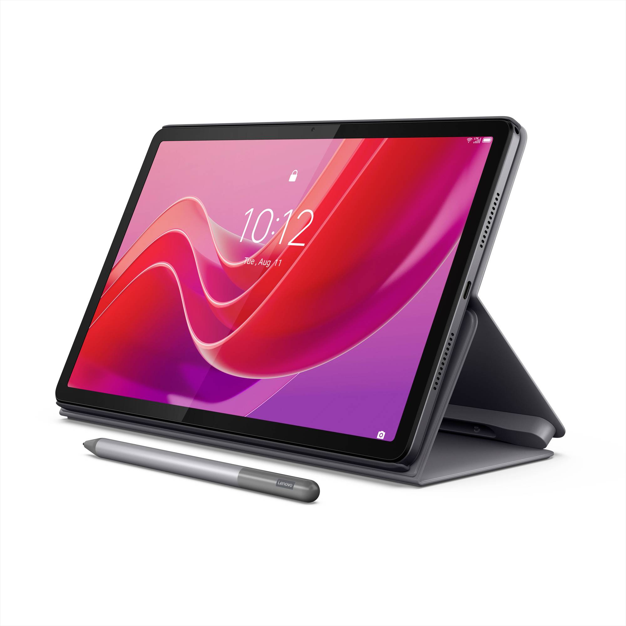 Tablet in einem Folio-Ständer mit Stylus davor, zeigt einen rosa-roten abstrakten Sperrbildschirm und die Uhrzeit 10:12.