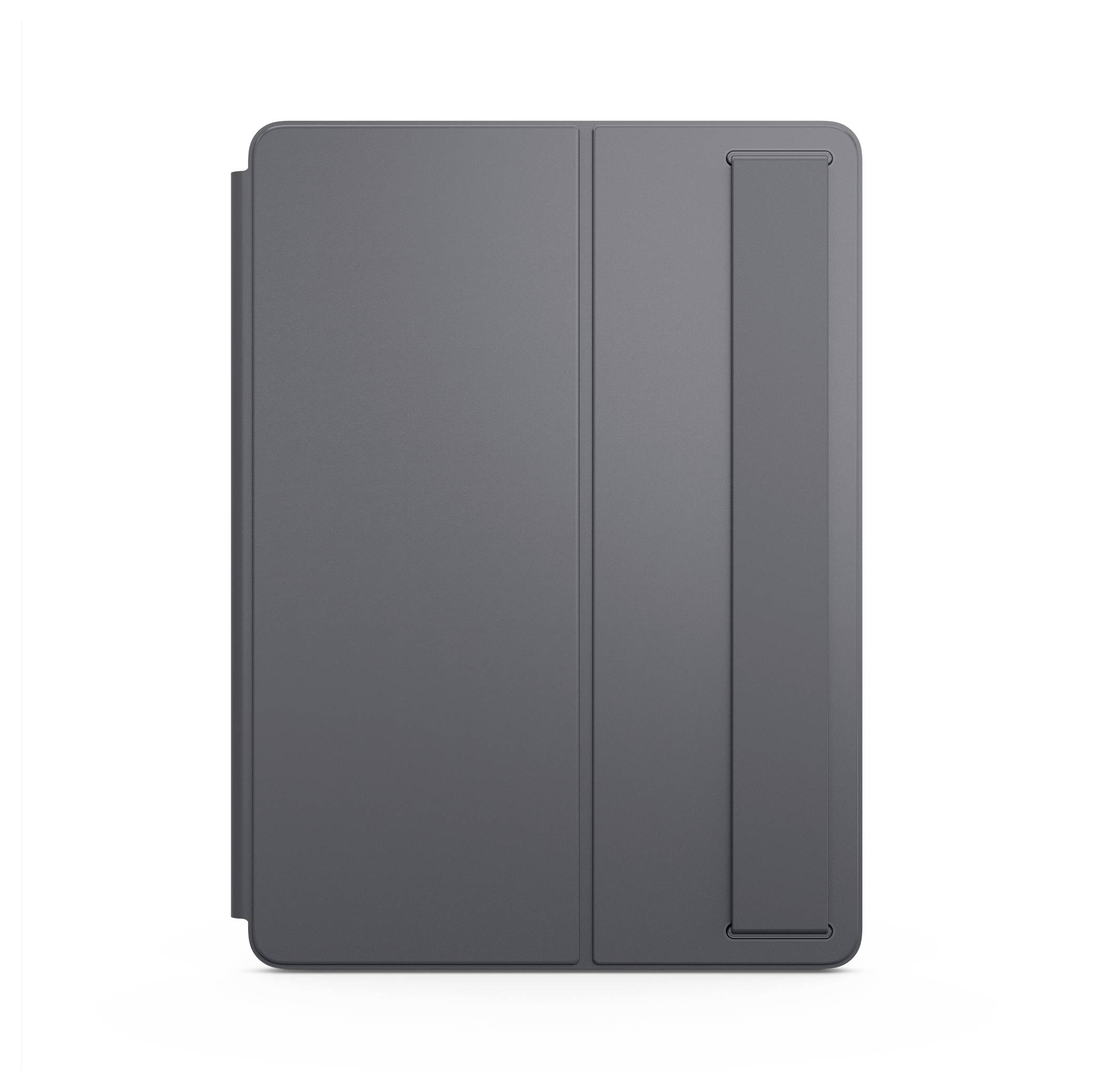 Dunkelgrauer Tablet-Folio-Etui mit Vorderdeckel und Seitenlasche, geschlossen auf weißem Hintergrund gezeigt.