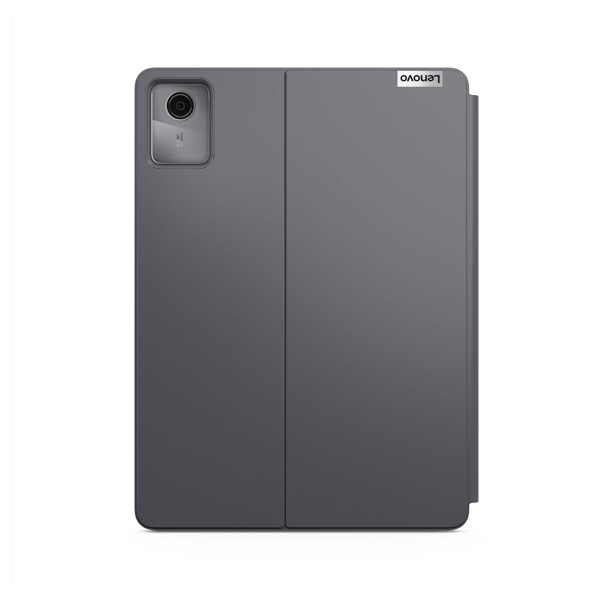 Grauer Lenovo-Tablet von hinten gezeigt, mit einem Kameramodul auf der Rückseite in der oberen linken Ecke und einer vertikalen Naht, die auf eine faltbare Abdeckung oder Hülle hinweist.
