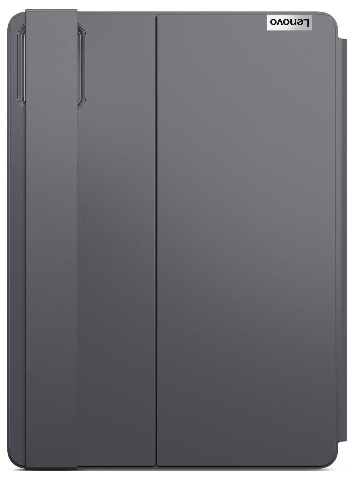 Graues Lenovo-Tablet in einer Folio-Schutzhülle, geschlossen mit Vorderdeckel und Kameraausschnitt dargestellt.