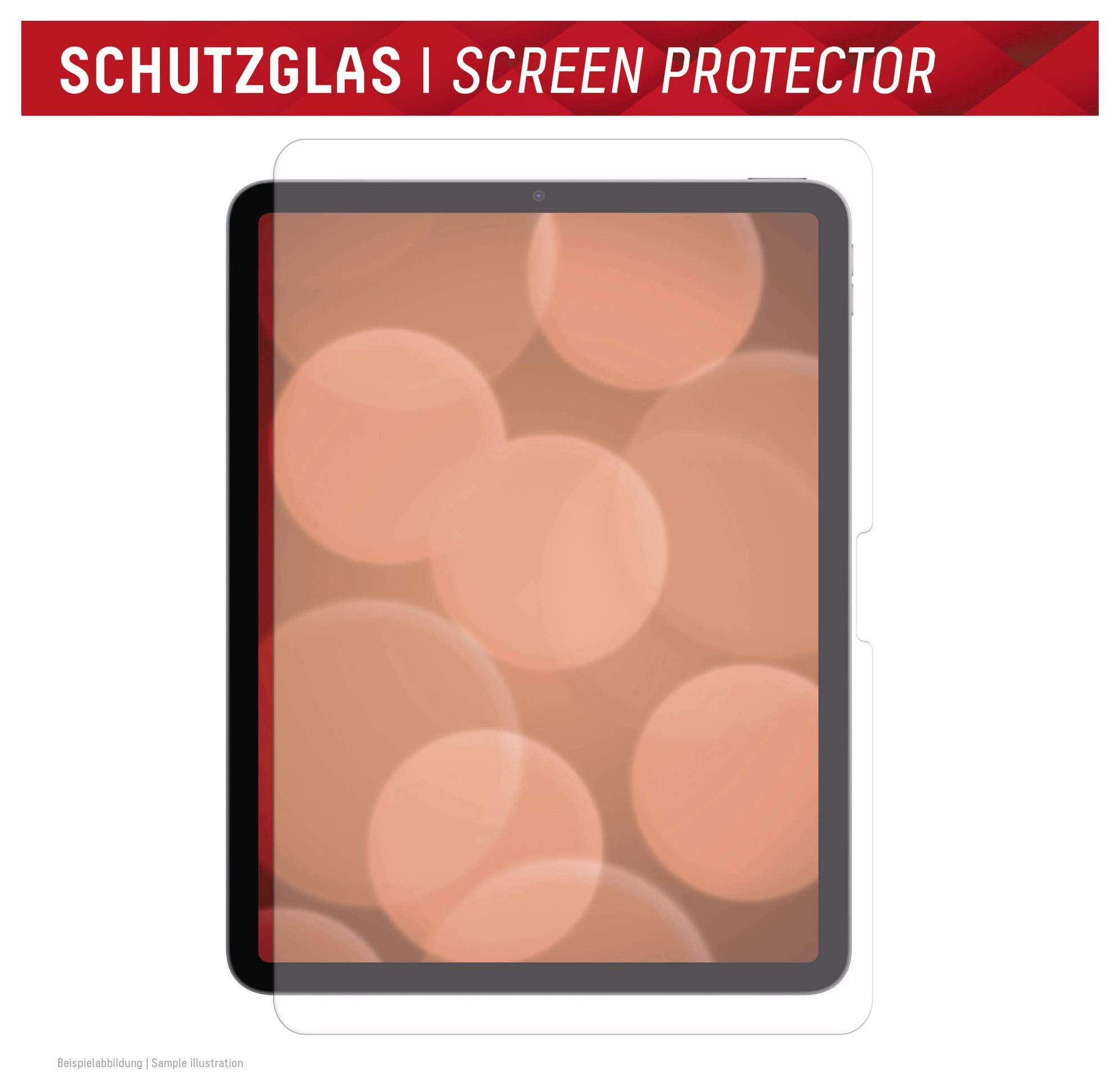 Schutzglas | Bildschirmschutz auf einem Tablet, oben mit der Bezeichnung „SCHUTZGLAS | SCREEN PROTECTOR" gekennzeichnet.