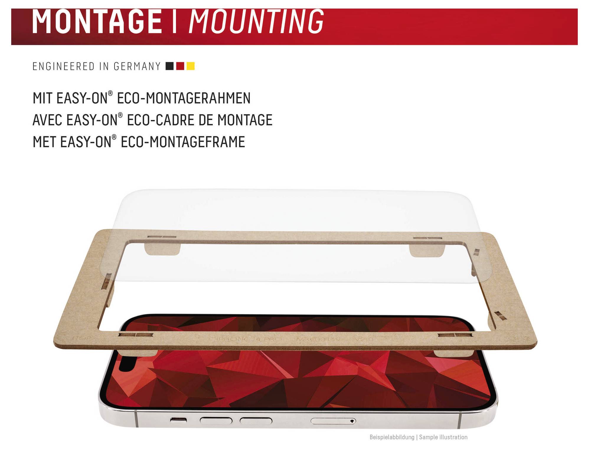 Abbildung eines Telefonmontagesystems mit einer Kopfzeile "MONTAGE | MOUNTING", das einen Easy-On Eco-Montagrahmen zeigt, der eine Displayschutzfolie für ein Smartphone ausrichtet.