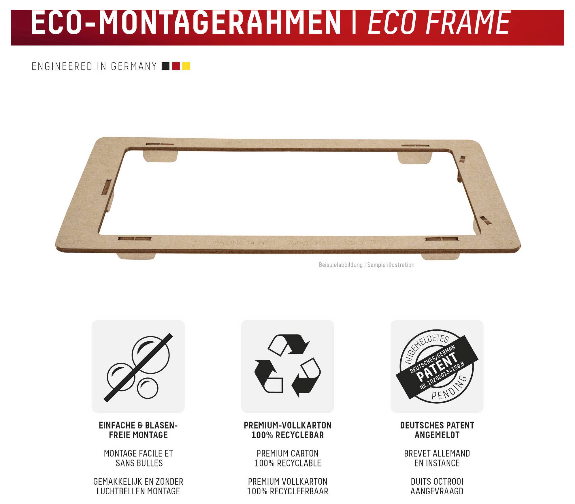 Öko-Montagerahmen 'Eco Frame' Kartonmontagerahmen mit Etiketten zur einfachen Montage, 100% recyceltes Premium-Karton und anmeldepatentiertes Design.