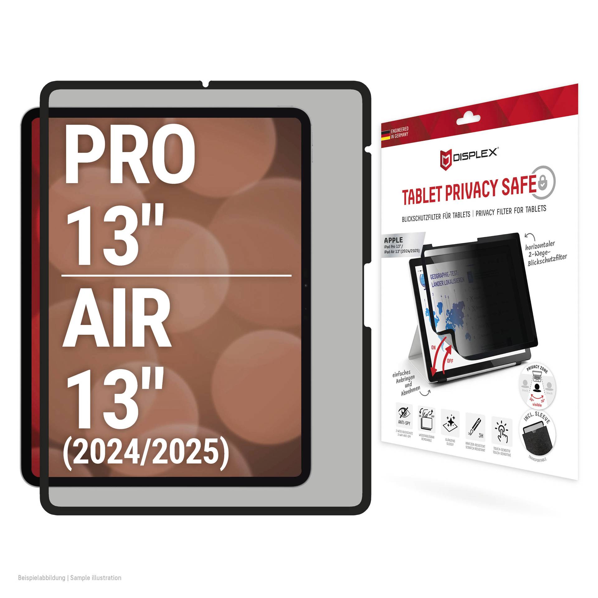 Produktbild eines Tablet-Datenschutzbildschirmschutzes mit der Bezeichnung „PRO 13" AIR 13" (2024/2025)" neben seiner Einzelhandelsverpakung, die einen Bildschirm mit eingeschränkter Seitensicht zeigt.