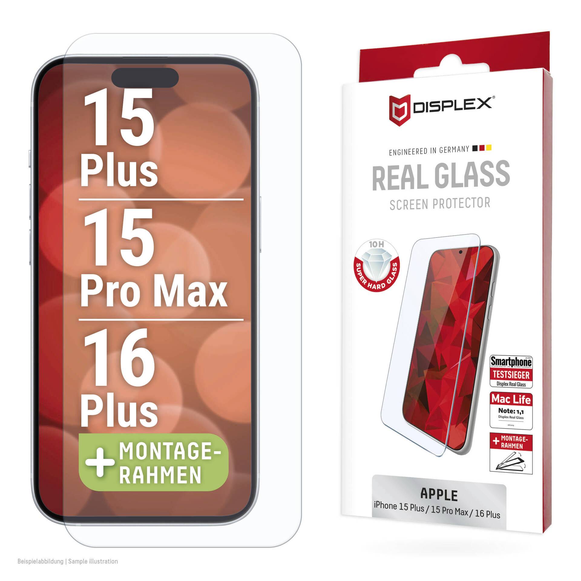 Zeigt einen Displex 'Real Glass' Displayschutz für Apple iPhone 15 Plus, 15 Pro Max und 16 Plus, mit gezeigtem Installationsrahmen auf einem Telefon-Mockup.