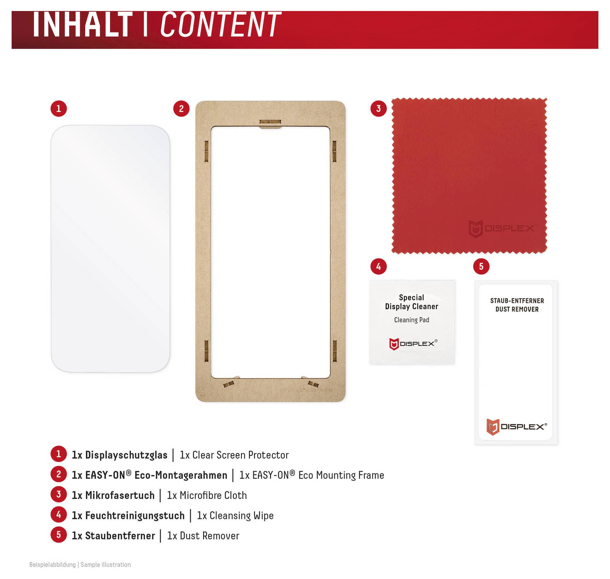 Produktinhaltsdiagramm mit fünf enthaltenen Artikeln: Displayschutzfolie, EASY-ON Eco-Montagegerüst, Mikrofasertuch, Reinigungstuch und Staubentferner.