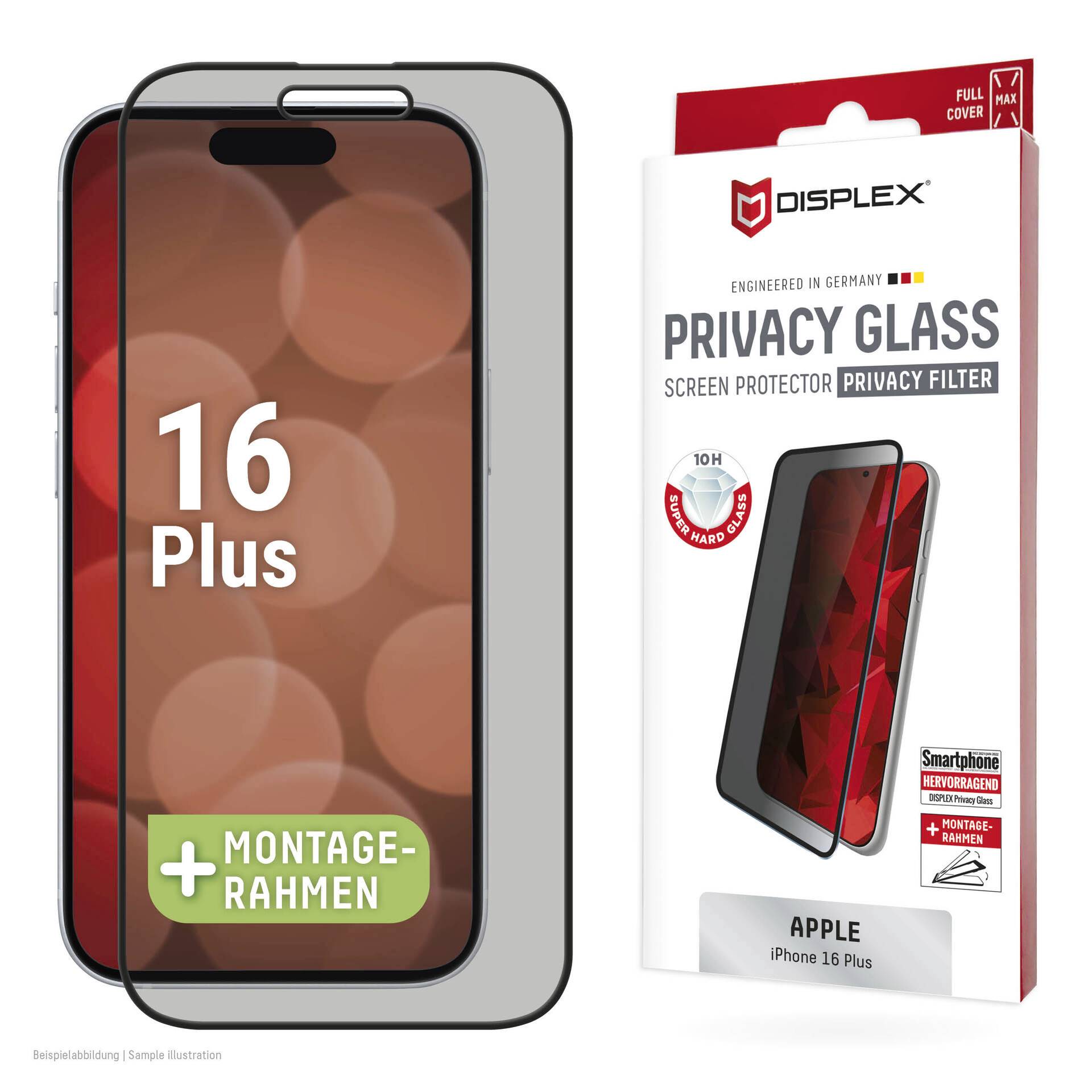 Displex Datenschutzglasschutzfolie für Apple iPhone 16 Plus, gezeigt mit Montagrahmen und Einzelhandelsverpackung.