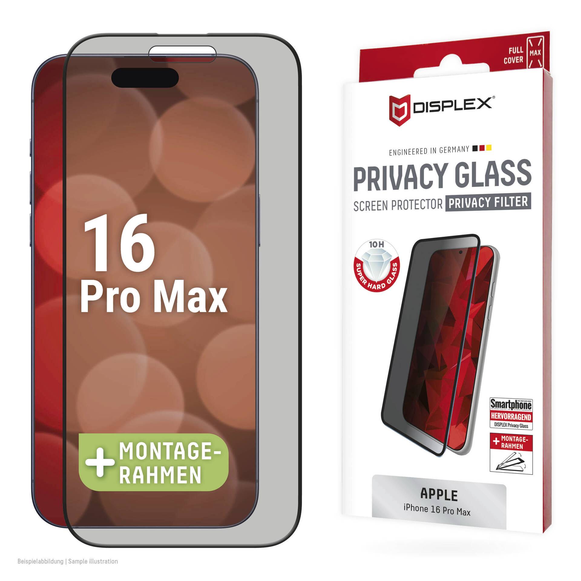 Displex Datenschutz-Displayschutzfolie für Apple iPhone 16 Pro Max, gezeigt mit Montagehilfe und Einzelhandelverpackung.