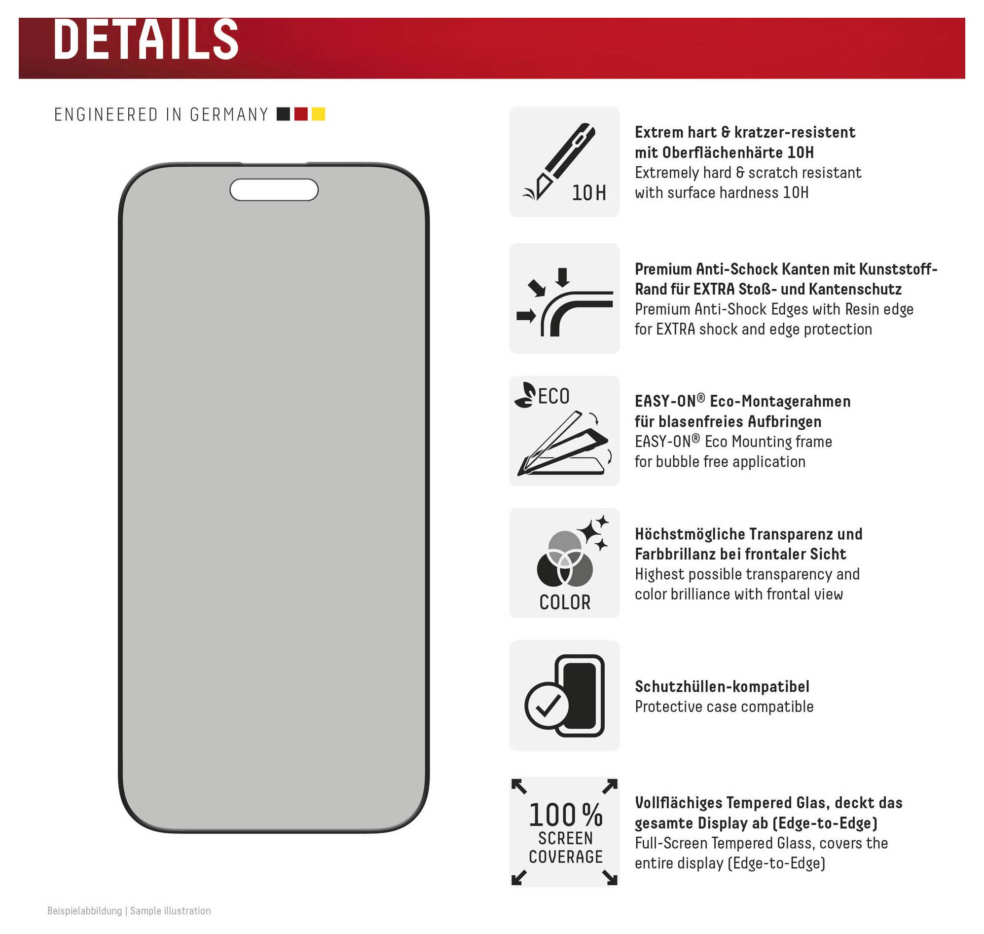 Infografik für eine Displayschutzfolie mit einer Telefon-Kontur und Funktionen: 10H Kratzerresistenz, Stoßkantenschutz, blasenfreie Montage, hohe Transparenz, Gehäusekompatibilität und vollständige Displayabdeckung.
