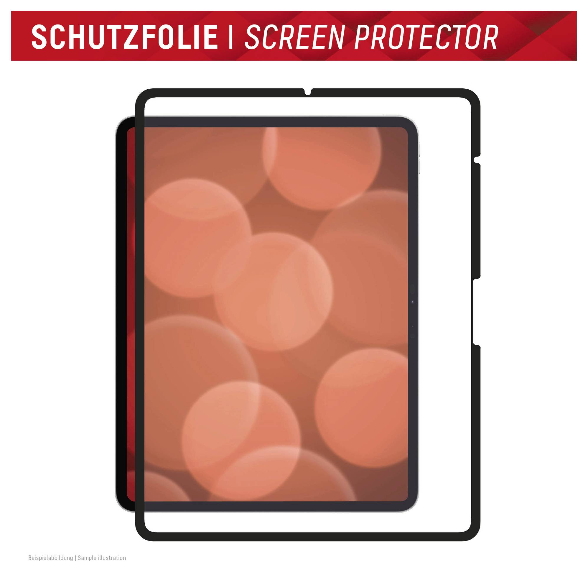 Illustration eines Tablet-Displayschutzes mit schwarzem Rahmen und rotem Banner mit der Aufschrift „SCHUTZFOLIE | DISPLAYSCHUTZ".