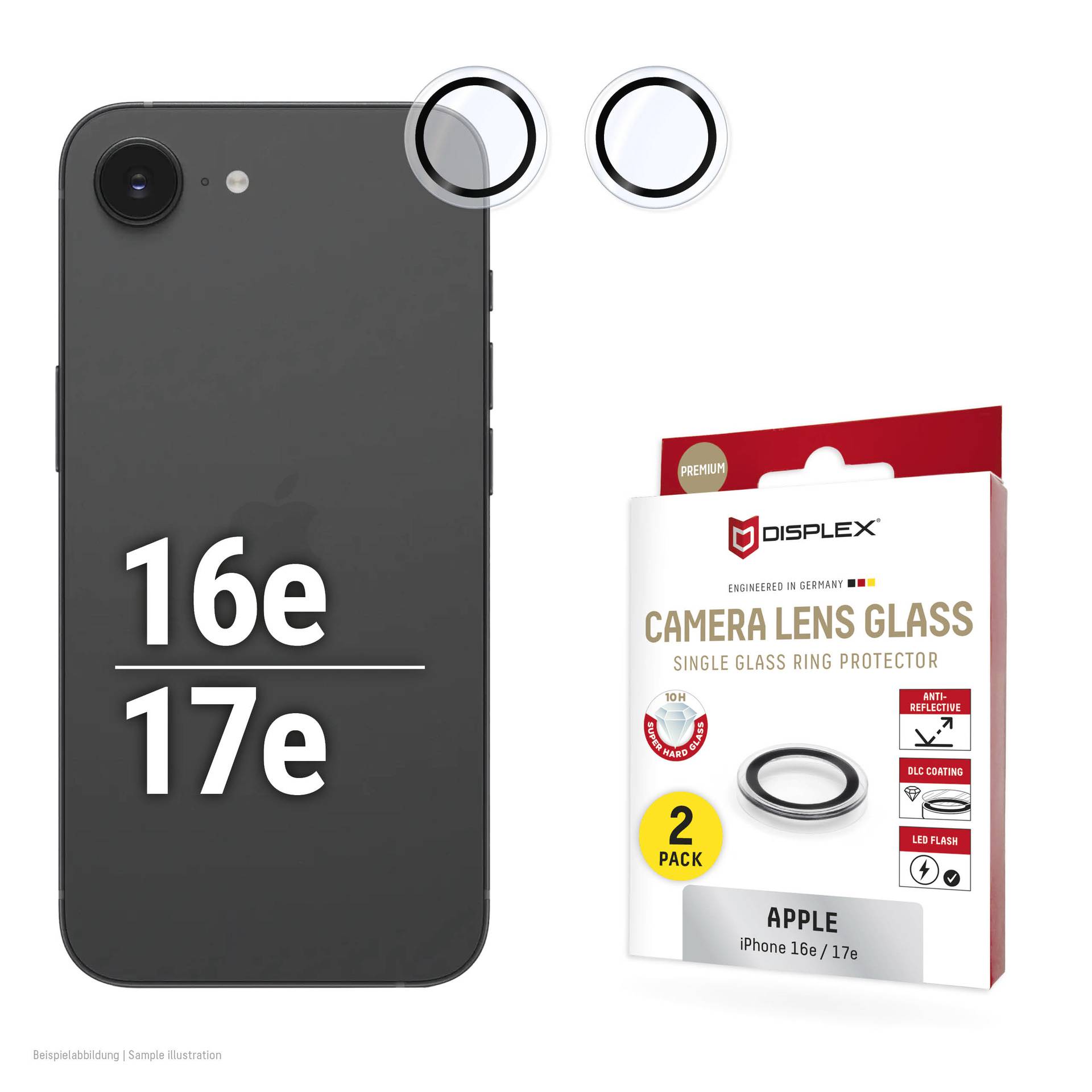 Produktbild eines schwarzen iPhone 16e/17e und zwei Kameralinsenringe neben einer Displex 'Camera Lens Glass' 2er-Pack-Schutzhülle.