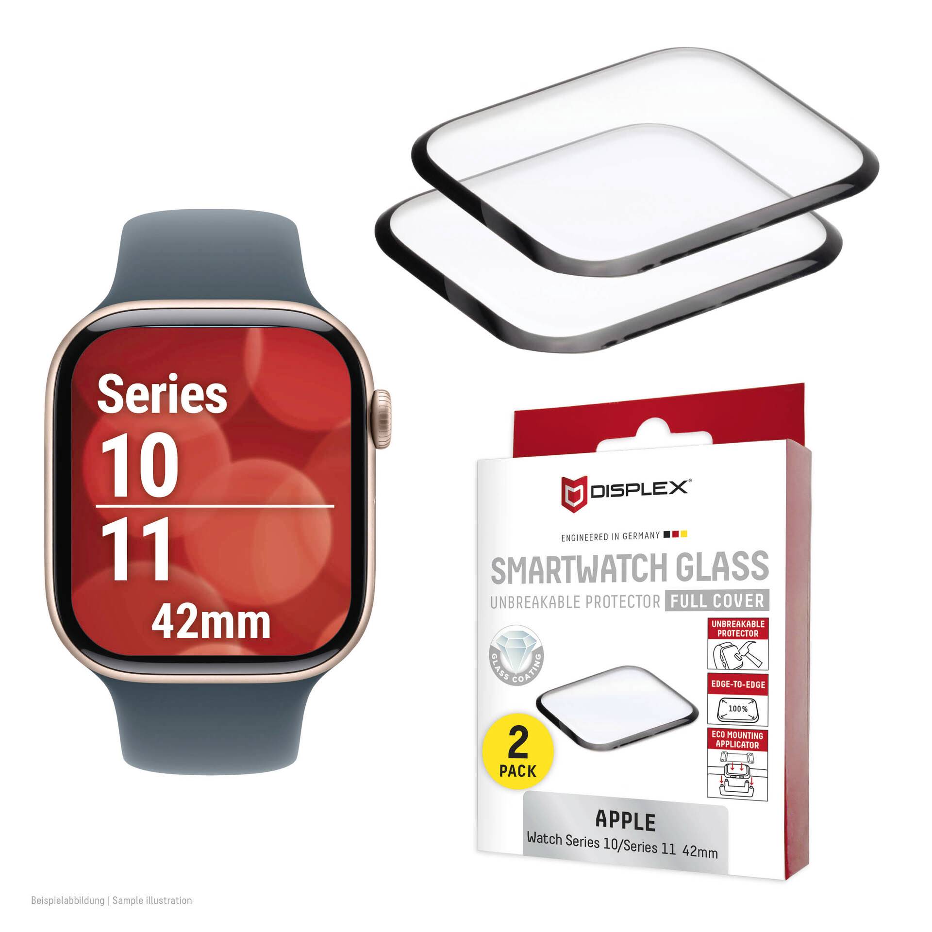 Apple Watch Displayschutzfolie 2er-Pack für Series 10/11, 42mm, mit zwei durchsichtigen Vollschutz-Glaskanten und Produktverpackung gezeigt.