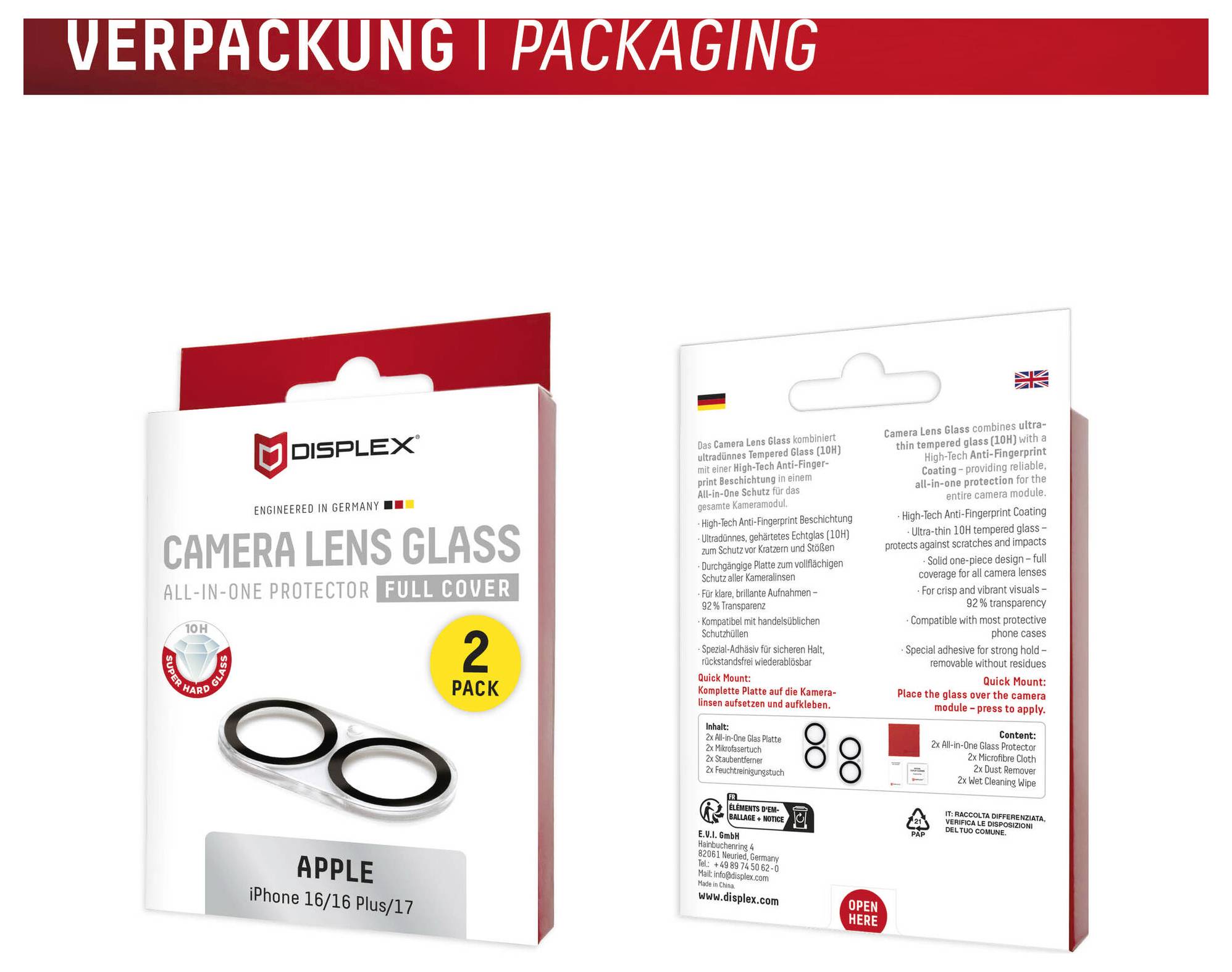 Verpackungsdesign für Displex Camera Lens Glass All-in-One-Schutzglas, Vorder- und Rückseite einer 2er-Packung für Apple iPhone 16/16 Plus/17.