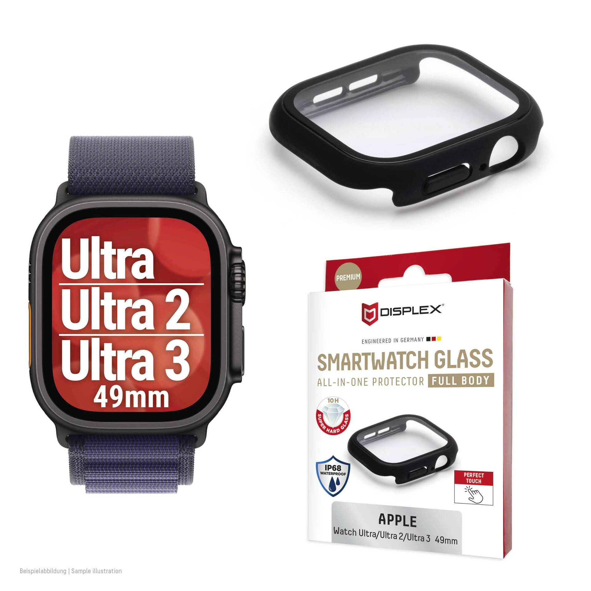 Apple Watch Ultra 49mm mit Band, gezeigt mit schwarzem Schutzhülle und Displex Smartwatch Glass Ganzkörper-Displayschutz Verpackung.