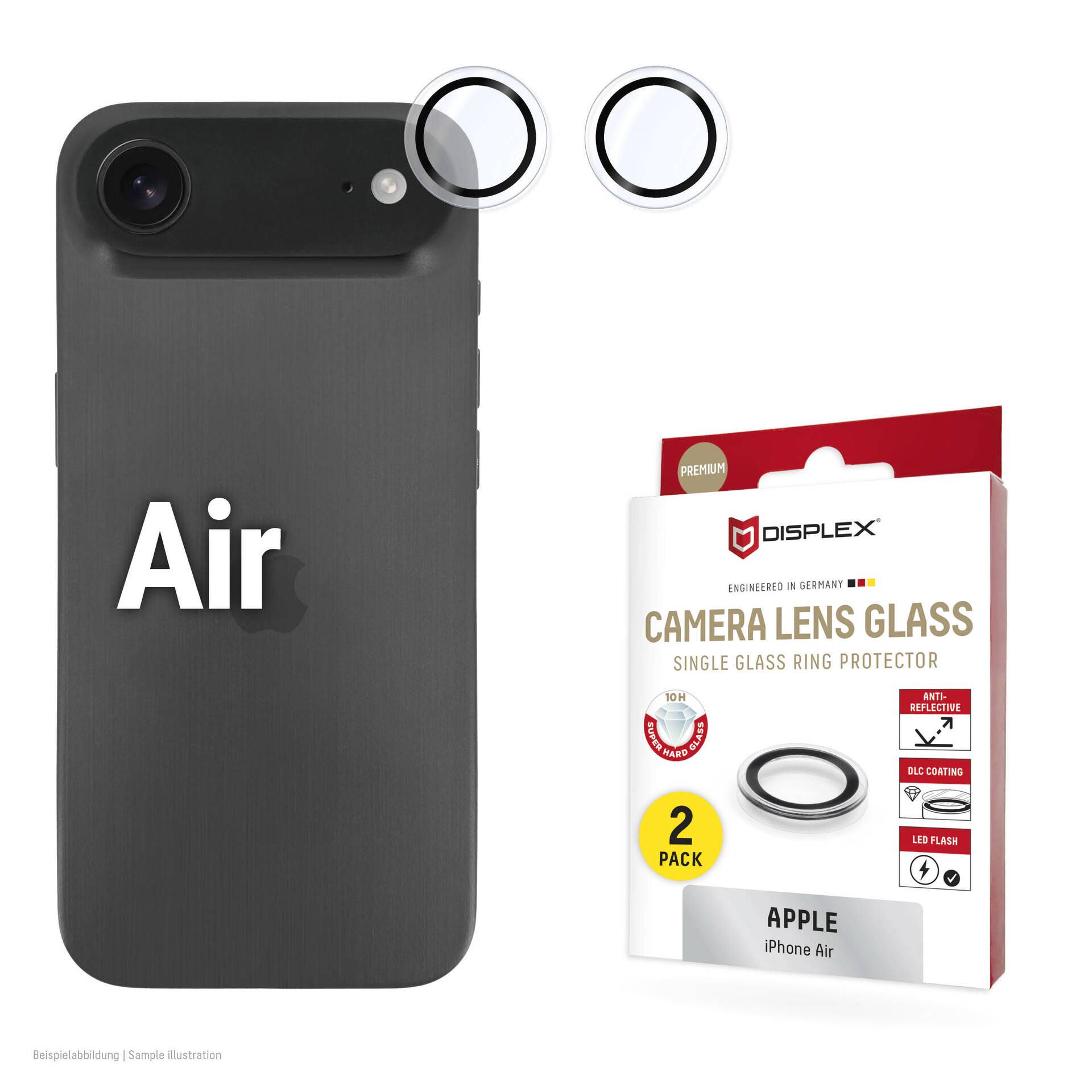 Schwarzes iPhone Air neben Displex-Kameralinsen-Glassingle-Ring-Schutz-2er-Pack-Verpackung gezeigt, mit zwei Linsenringen oben abgebildet neben dem Telefon.