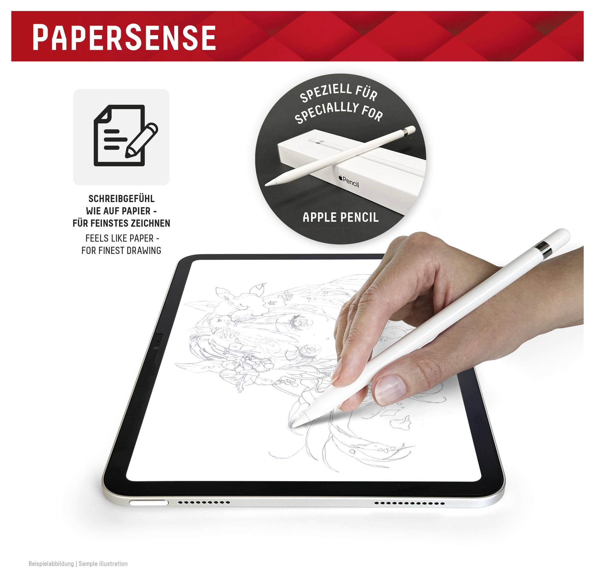 Anzeige für PaperSense, einen Displayschutz mit Papieroptik für Apple Pencil, auf einem Tablet gezeigt mit einer Hand beim Zeichnen und Beschriftungen „SPEZIELL FÜR APPLE PENCIL" und „FÜHLT SICH WIE PAPIER AN"