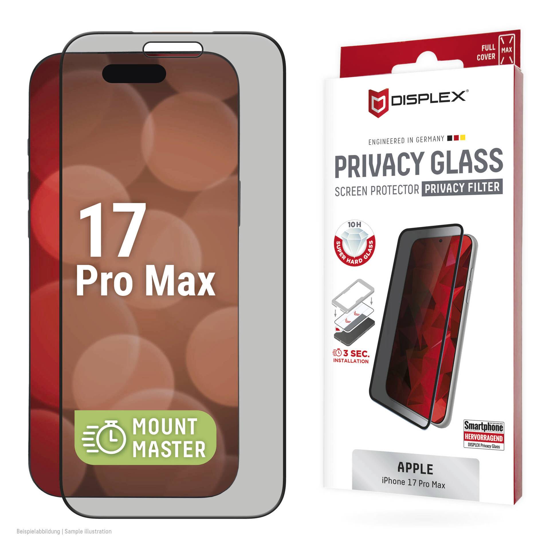 Produktbild eines Datenschutz-Glaskrschutzfolien für Apple iPhone 17 Pro Max, gezeigt auf einem Telefon-Mockup und Verpackung mit der Bezeichnung DISPLEX Privacy Glass.