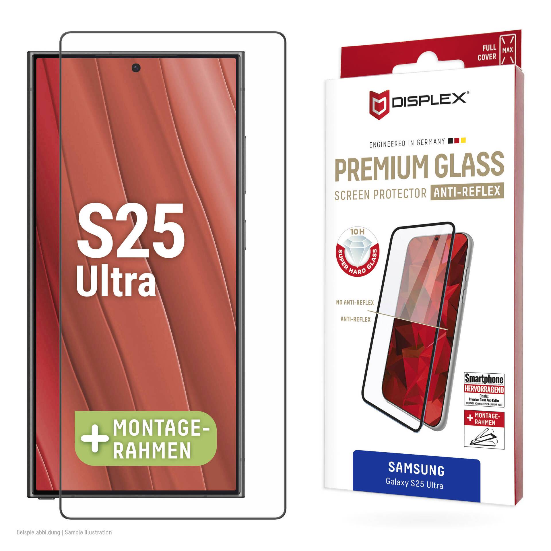 Samsung Galaxy S25 Ultra Displayschutzfolie mit Installationsrahmen, gekennzeichnet als „Premium Glass" und „Anti-Reflex" von Displex.