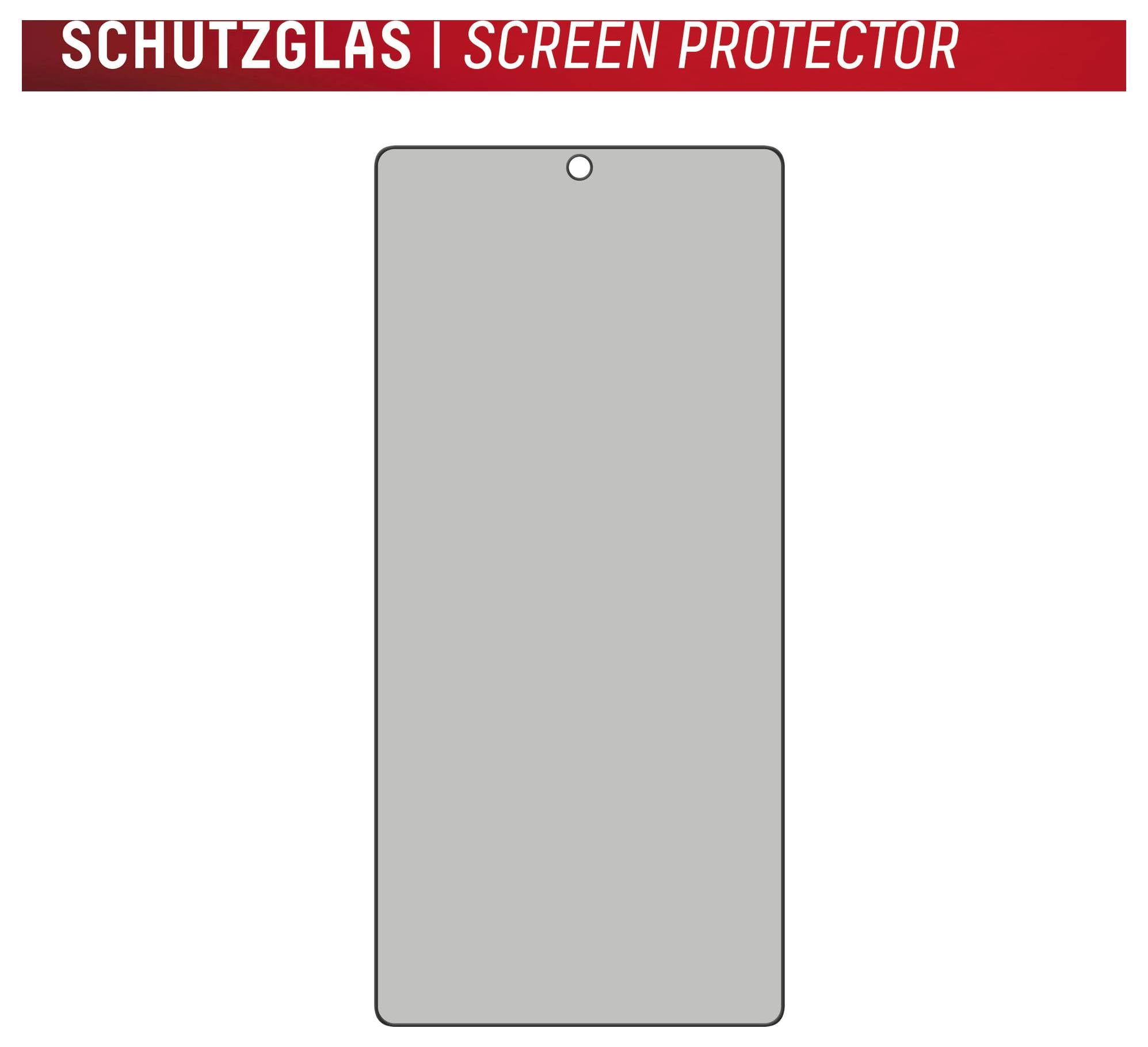 Schutzglasvorlage für ein Tablet, dargestellt als grauer rechteckiger Ausschnitt mit einem Kameraloch und der Beschriftung „SCHUTZGLAS | SCHUTZGLAS" oben.